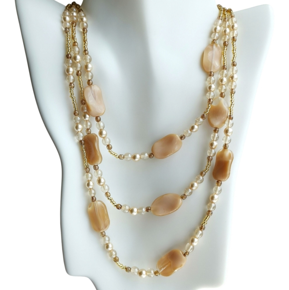 Vintage Czech beaded Three strand Necklace Caramels with Pearls